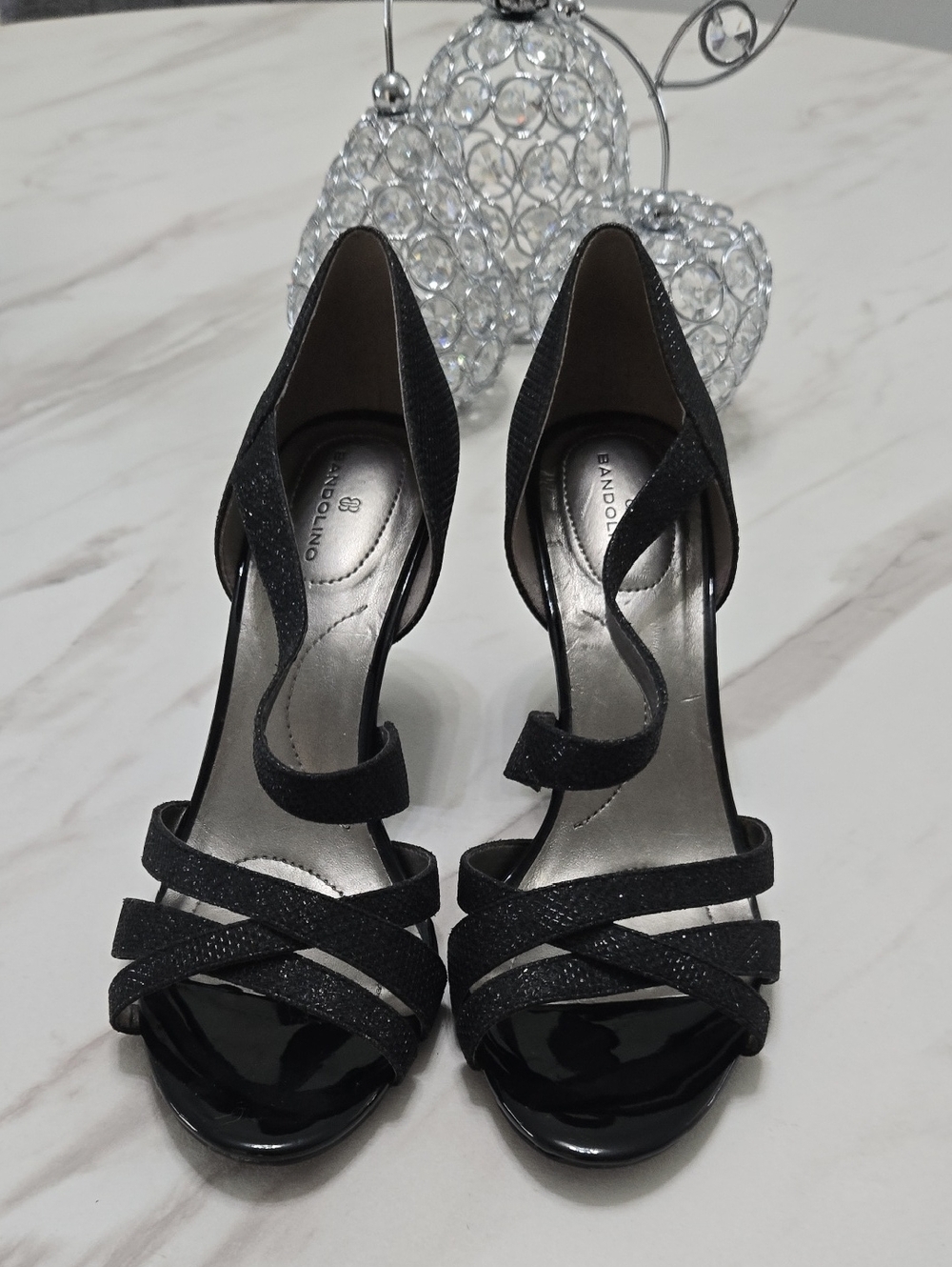 Bandolino Black Glitter Strappy Open-Toe Heels